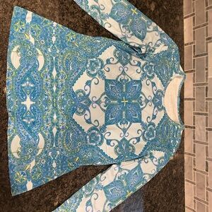 J. McLaughlin Blue and Green Jersey Wrinkle-Free Long Sleeve Top